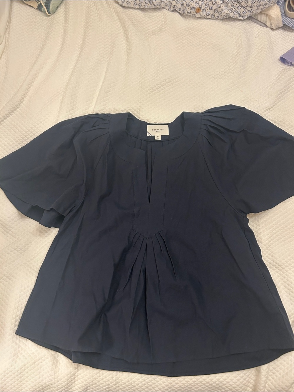 Pomander Place Navy Short Sleeve Pleated Blouse